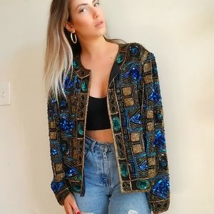 Vintage Black Gold Sapphire Beaded Sparkle Jacket